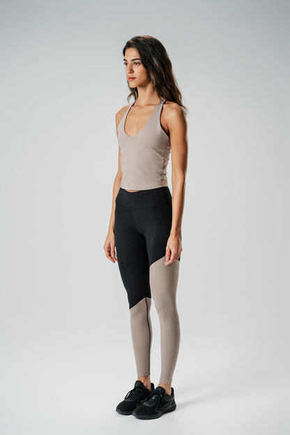 Beige & Black Color Block Leggings